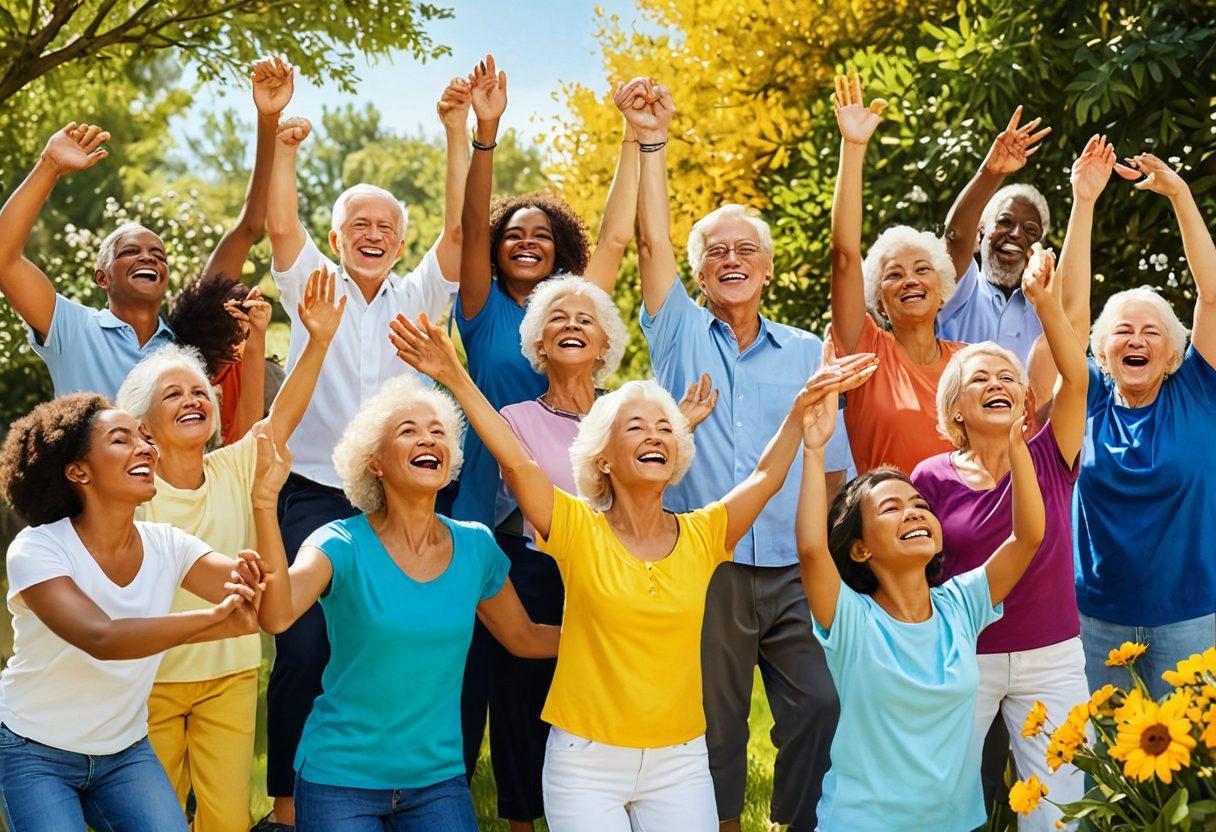 A vibrant, cheerful collage featuring people of various ages and backgrounds engaging in joyful activities like dancing, laughing, meditating, and connecting with nature. Incorporate elements like sunshine, flowers, and heartwarming scenes of friendship and kindness. Make the overall mood uplifting and filled with positive energy. painting style. vibrant colors.