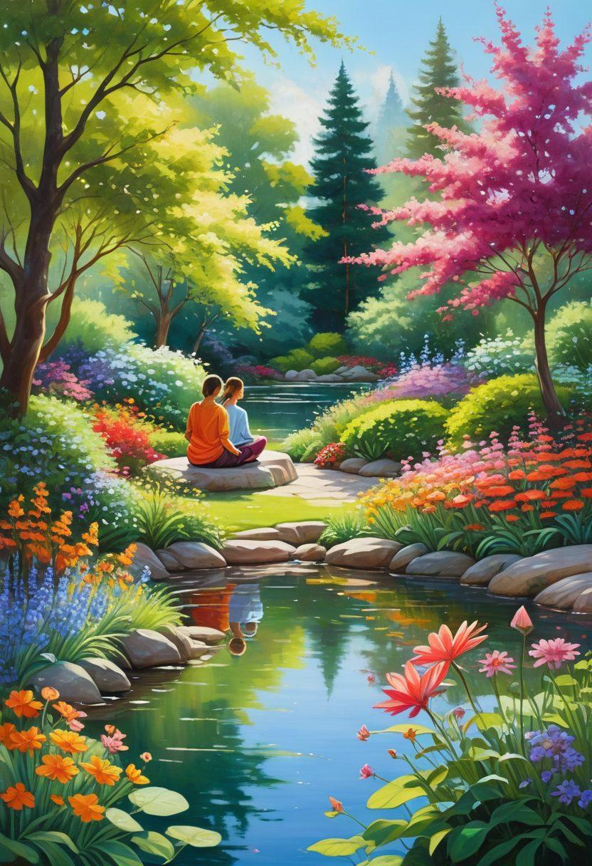 A serene landscape transitioning from a lively, colorful garden with joyous people to a tranquil, Zen-like setting with meditating individuals, symbolizing the journey from happiness to peace. Include elements such as blooming flowers and calm waters. painting. vibrant colors. peaceful aura.