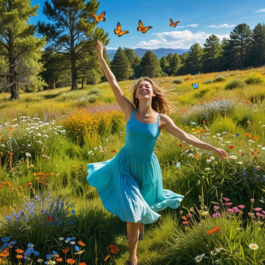 A vibrant, cheerful scene with a person joyfully dancing in a brightly colored meadow under a clear blue sky, surrounded by blooming flowers and fluttering butterflies. The person's expression radiates happiness and contentment. Sunlight filters through the trees, creating a warm and welcoming atmosphere, with a gentle breeze slightly swaying the grass. super-realistic, vibrant colors, 3D.